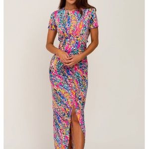 Fuchsia Multi-Color Floral Side Slit Maternity Maxi Dress from Pinkblush in med.